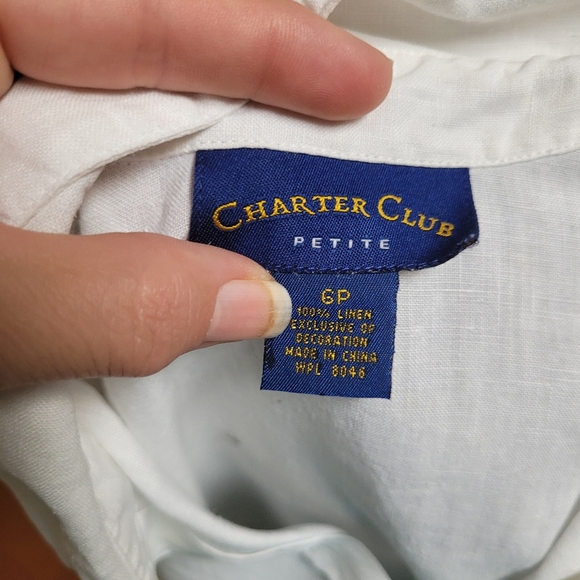 Charter Club White Linen Blouse Eyelet at Hem and 3/4 Sleeves - Picture 2 of 8